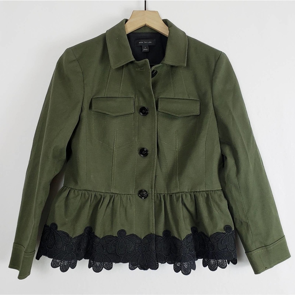 Ann Taylor Peplum Blazer Jacket Olive Green Lace 4 - Picture 2 of 11